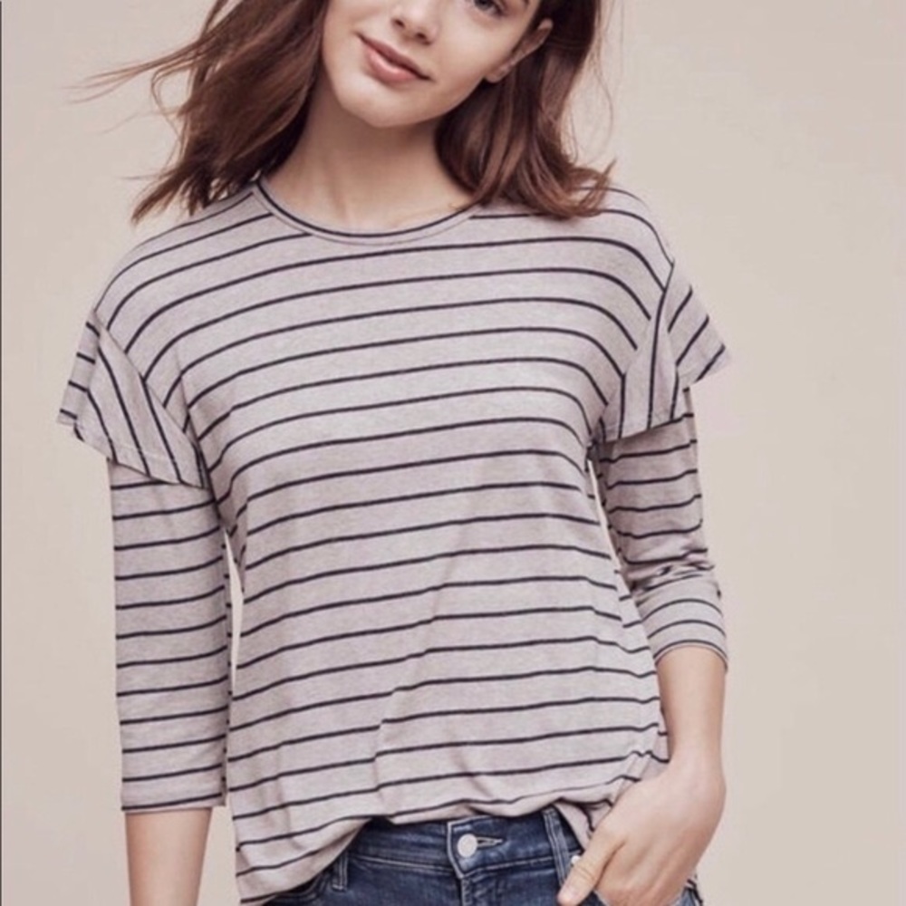 Anthro Striped Ruffle Sleeve Top